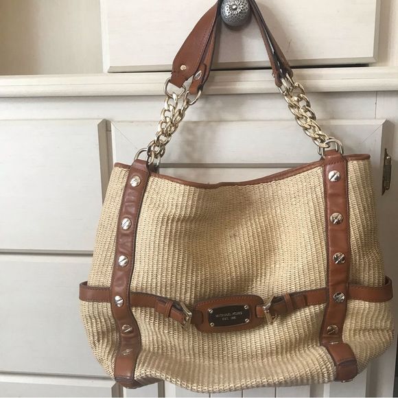 Michael Kors Handbags - Michael Kors womens large tan and gold shoulder bag with snap closure